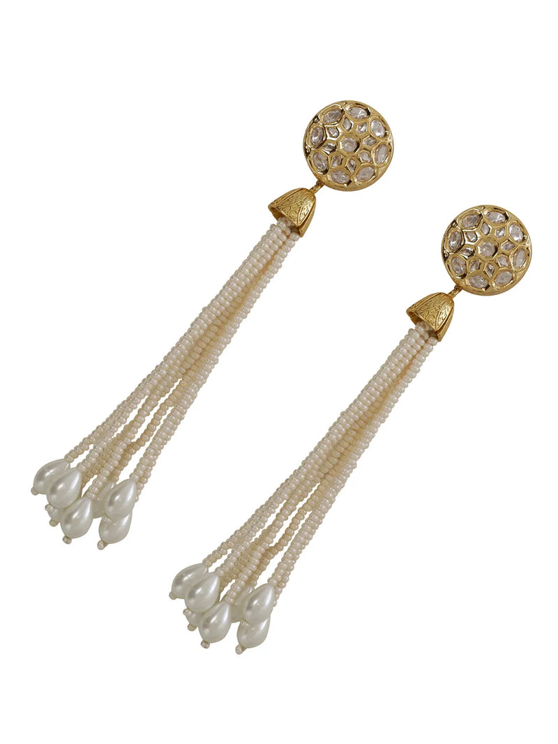 LE ALTHEA PEARL & KUNDAN LONG EARRINGS jewellery in 24K gold plating | XAGO Luxe