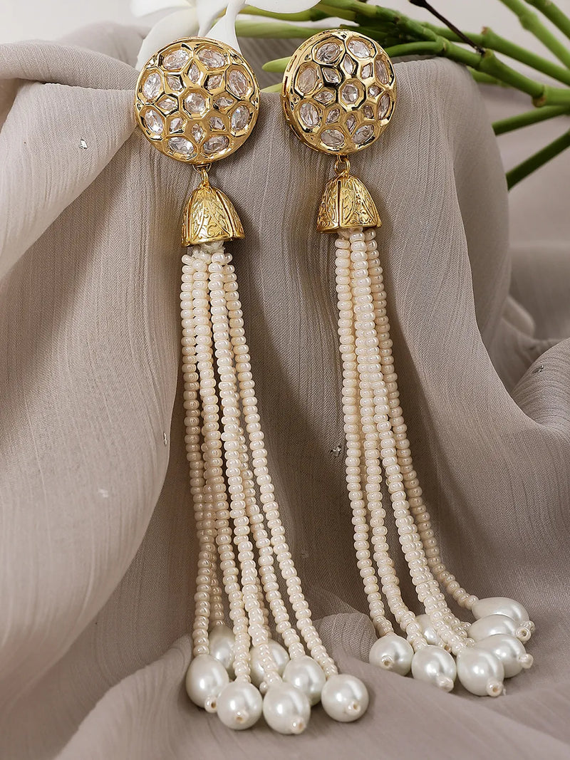 LE ALTHEA PEARL & KUNDAN LONG EARRINGS jewellery in 24K gold plating | XAGO Luxe