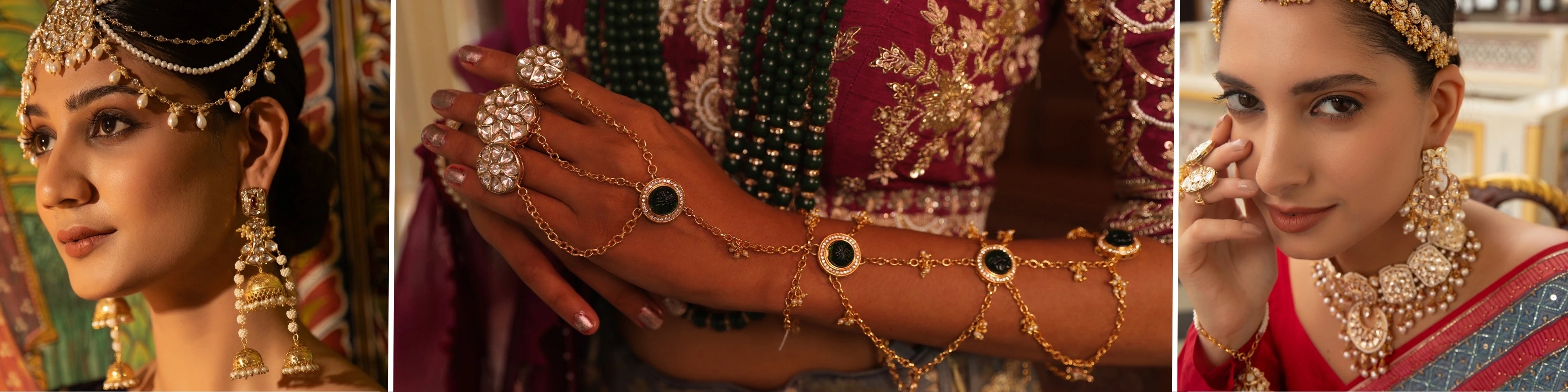 Collage of a woman wearing traditional jewelry including earrings, necklaces, and a headpiece.