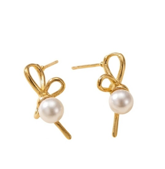 Contemporary Gold Plated Wire Bow Stud Earrings Pearl XAGO Luxe