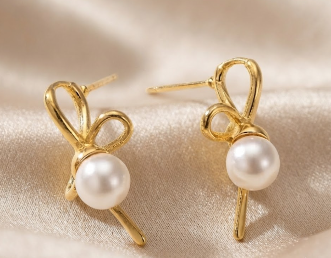 Contemporary Gold Plated Wire Bow Stud Earrings Pearl XAGO Luxe