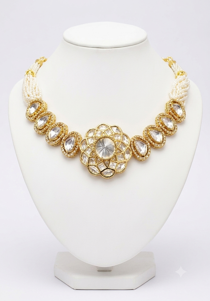 Contemporary Kundan-Style Floral Pearl Choker Brass XAGO