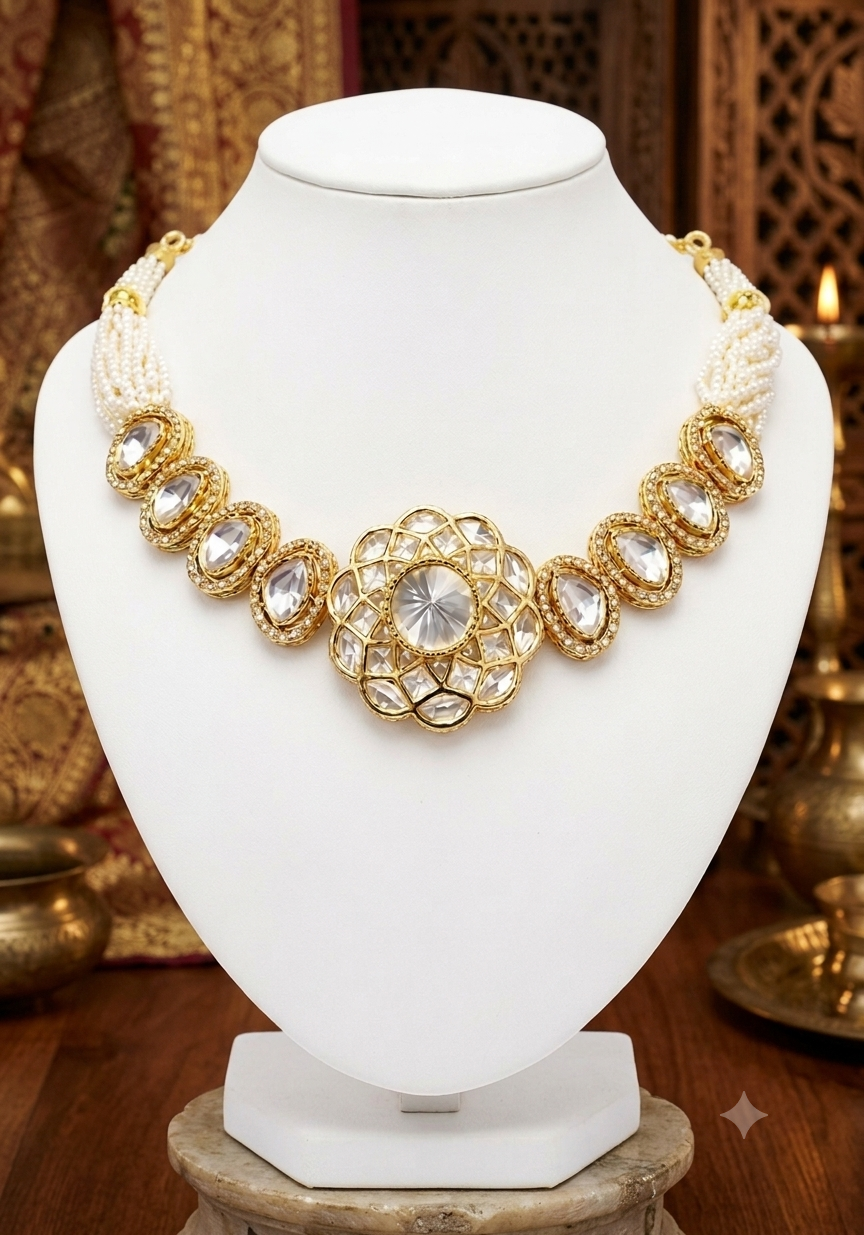 Contemporary Kundan-Style Floral Pearl Choker Brass XAGO
