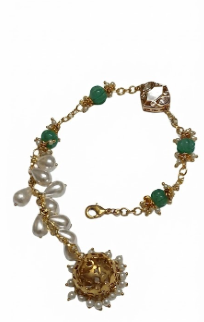 Contemporary Pearl and Green Beaded Lumba Rakhi with Jhumka