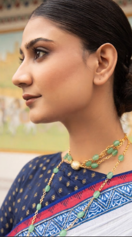 Contemporary Multi-Layer Green Bead & Chain Statement Necklace