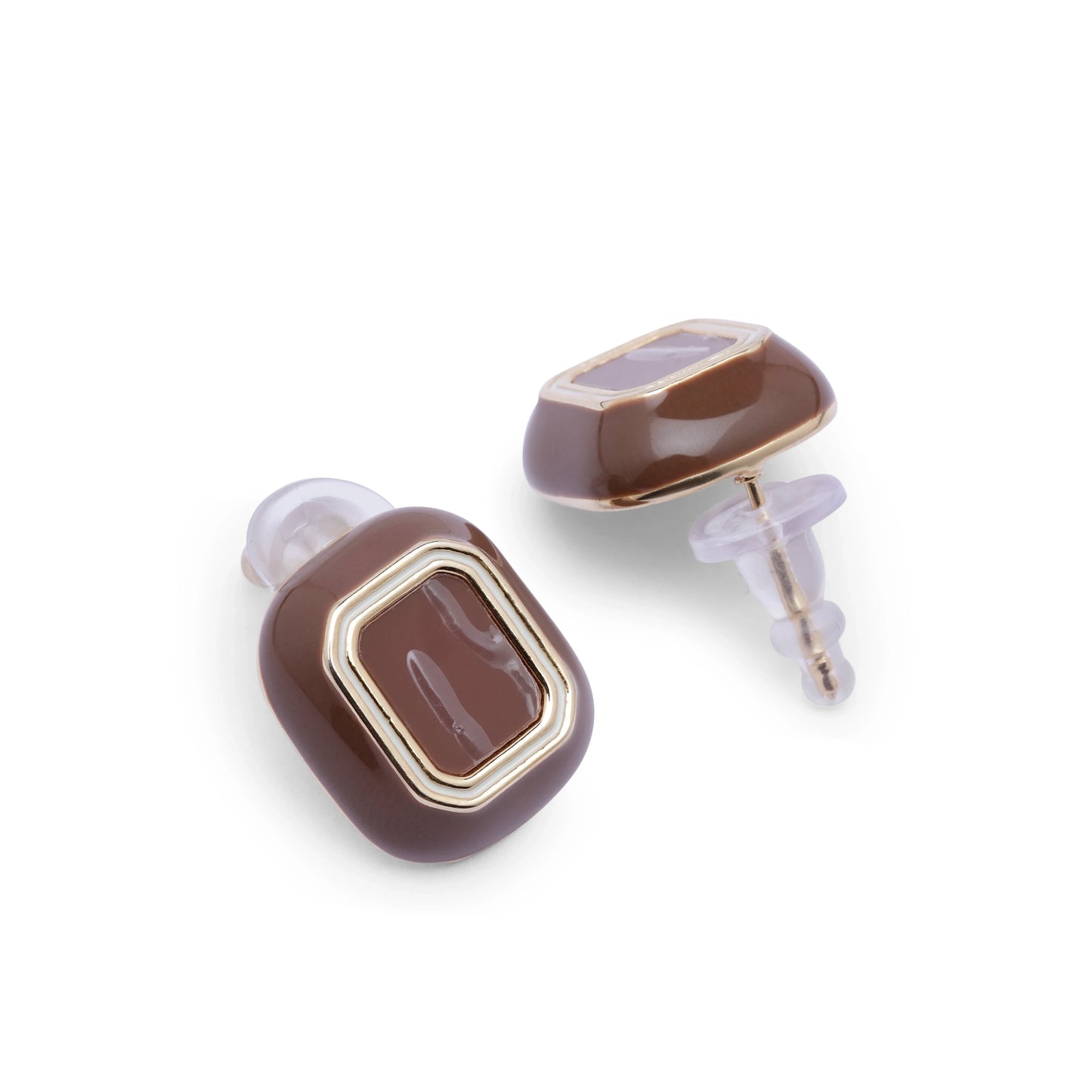 Café Enamel Studs – Brown & Gold Minimal Statement Earrings