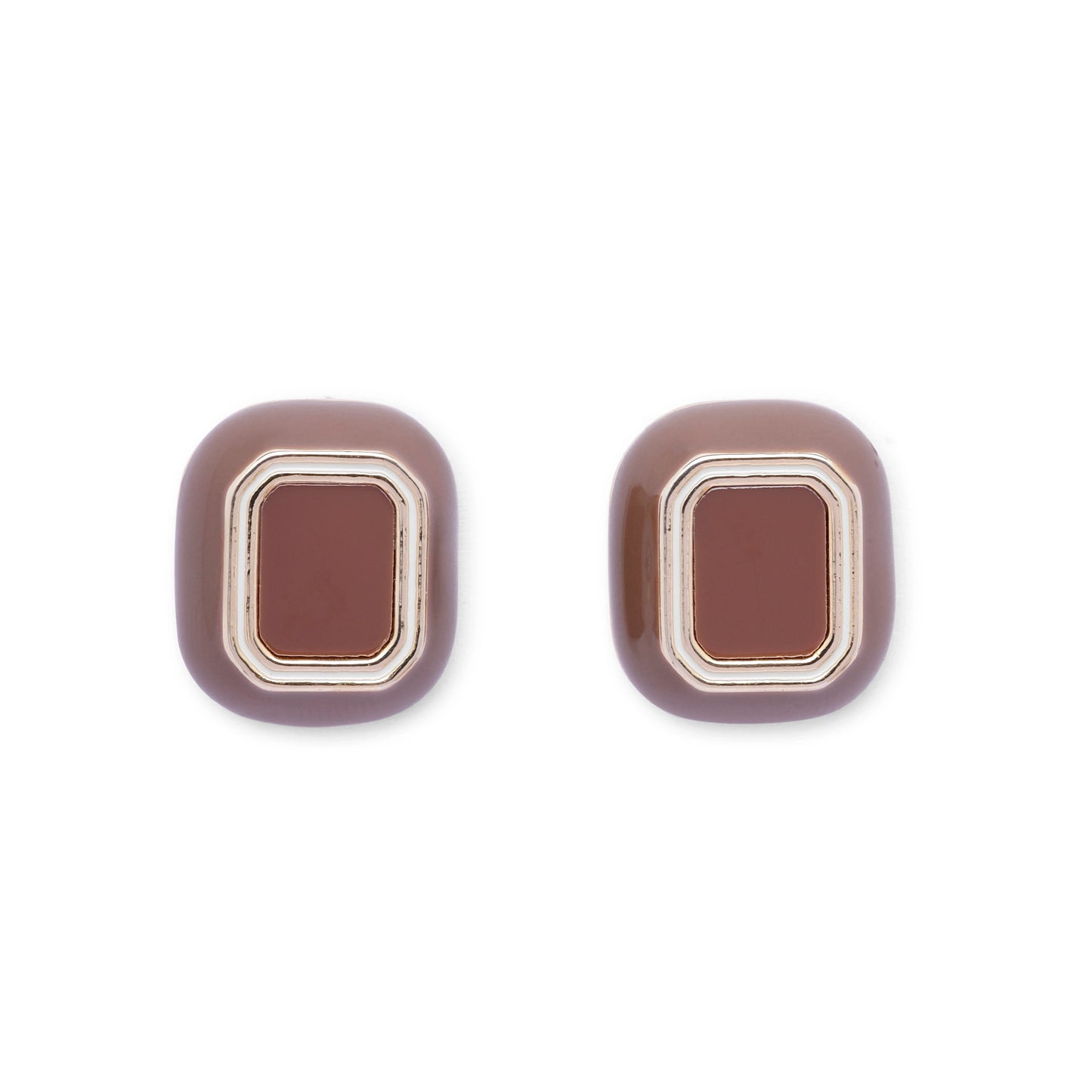 Café enamel stud earrings in brown with gold finish on white background