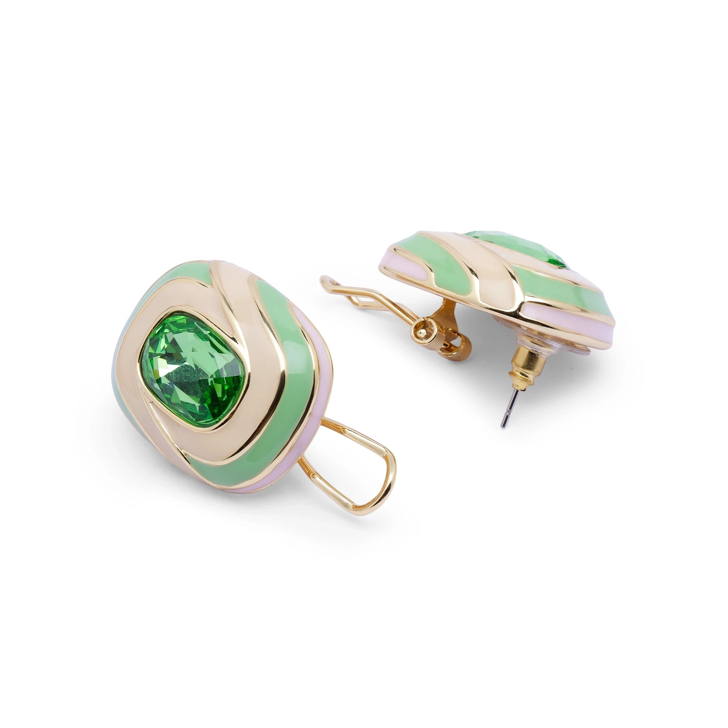Back view of verde swirl stud earrings showing gold post and clasp
