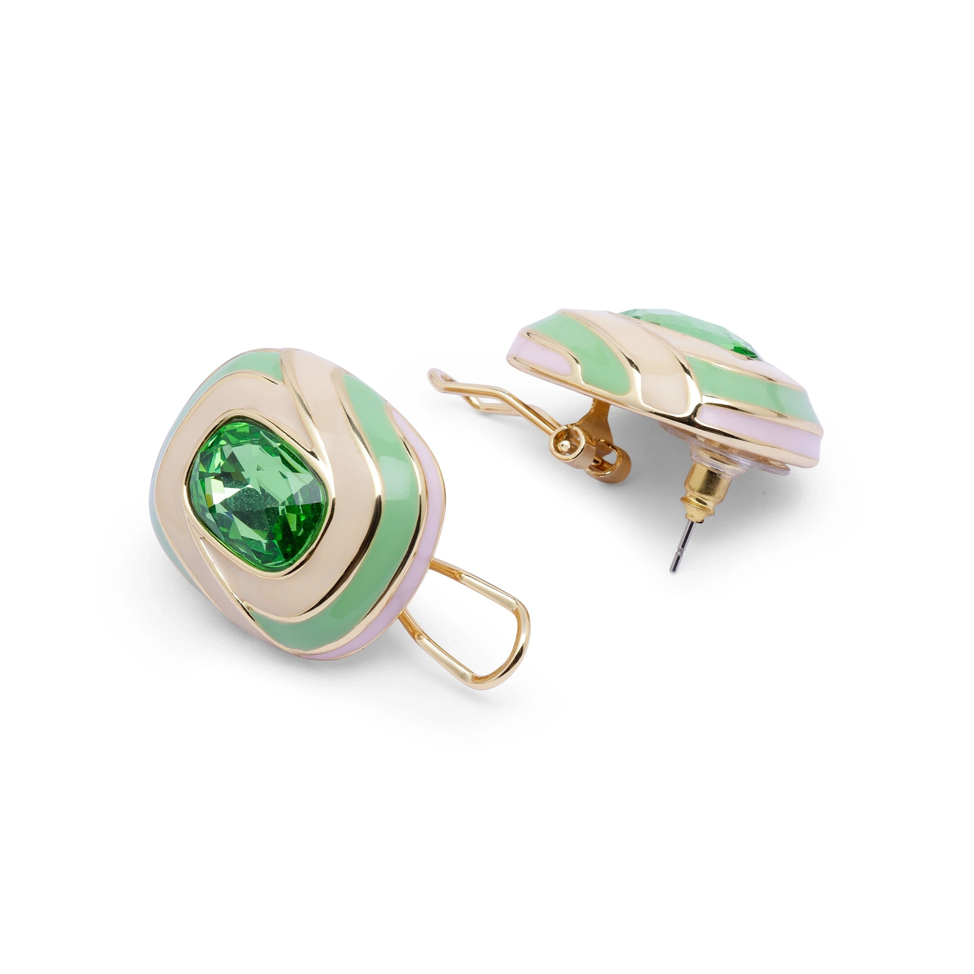 Back view of verde swirl stud earrings showing gold post and clasp