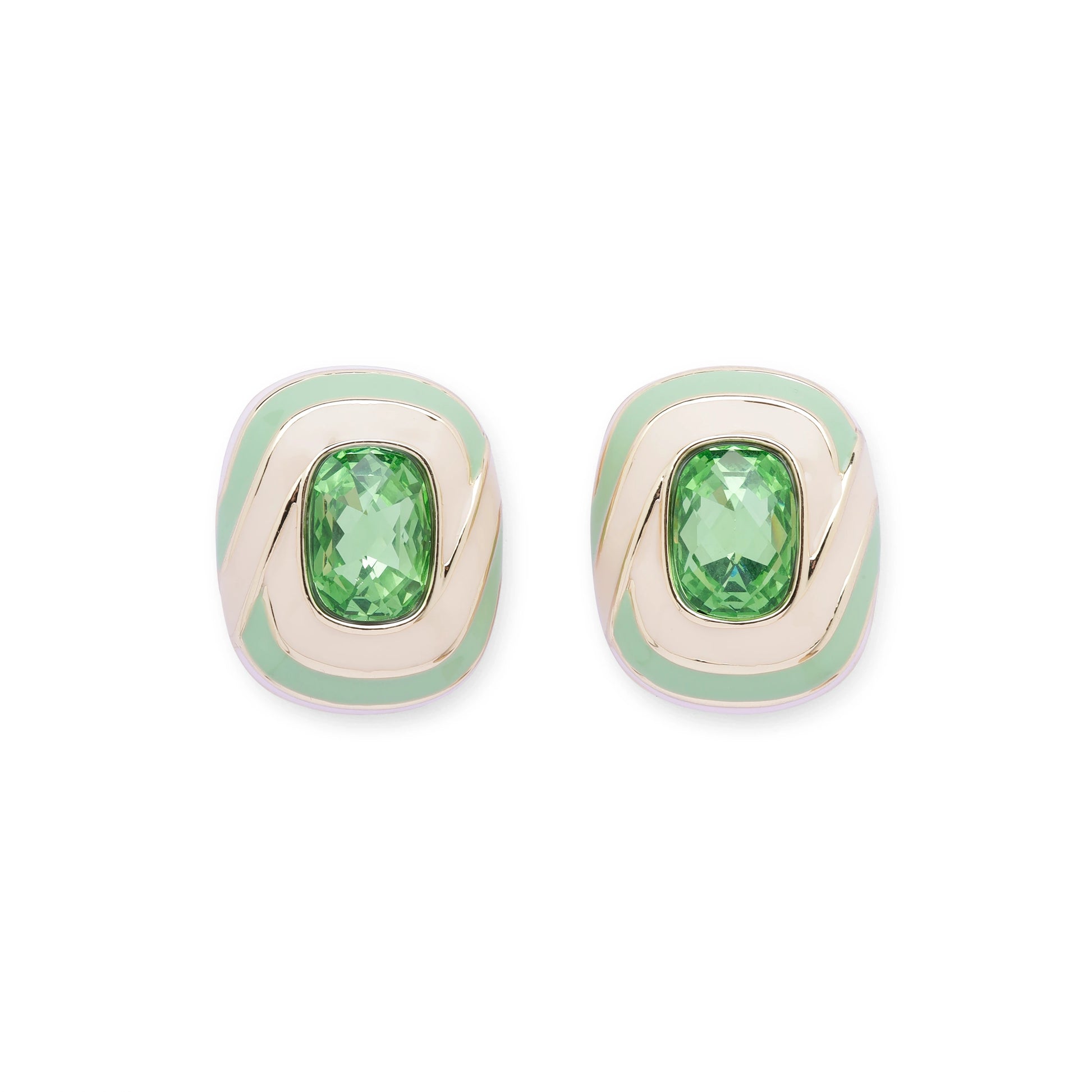 Pair of verde swirl stud earrings with green crystals and enamel gold finish