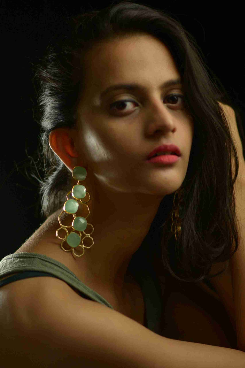 NOAH GOLD PLATED ROSE CUT AQUA CHALCEDONY CONTEMPORARY  DROP EARRINGS jewellery in 24K gold plating | XAGO Luxe
