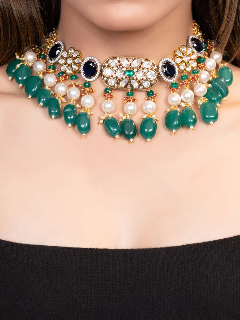 LE SHRI MULTICOLOUR BEADS AND MOISSANITE  NECKLACE jewellery in 24K gold plating | XAGO Luxe