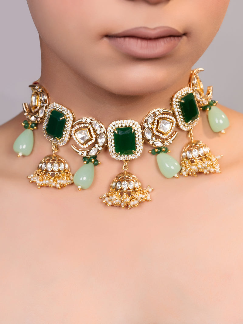 LE EZHIL GOLD PLATED GREEN BEADS AND KUNDAN STUDDED NECKLACE jewellery in 24K gold plating | XAGO Luxe