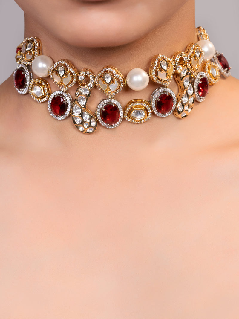 LE AZRA RED BEADS AND KUNDAN  NECKLACE jewellery in 24K gold plating | XAGO Luxe