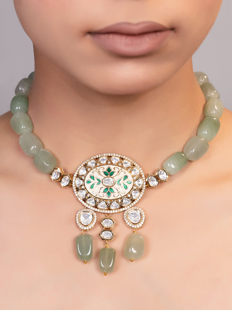 LE TEYLIE GREEN BEADS AND MOISSANITE STUDDED NECKLACE jewellery in 24K gold plating | XAGO Luxe