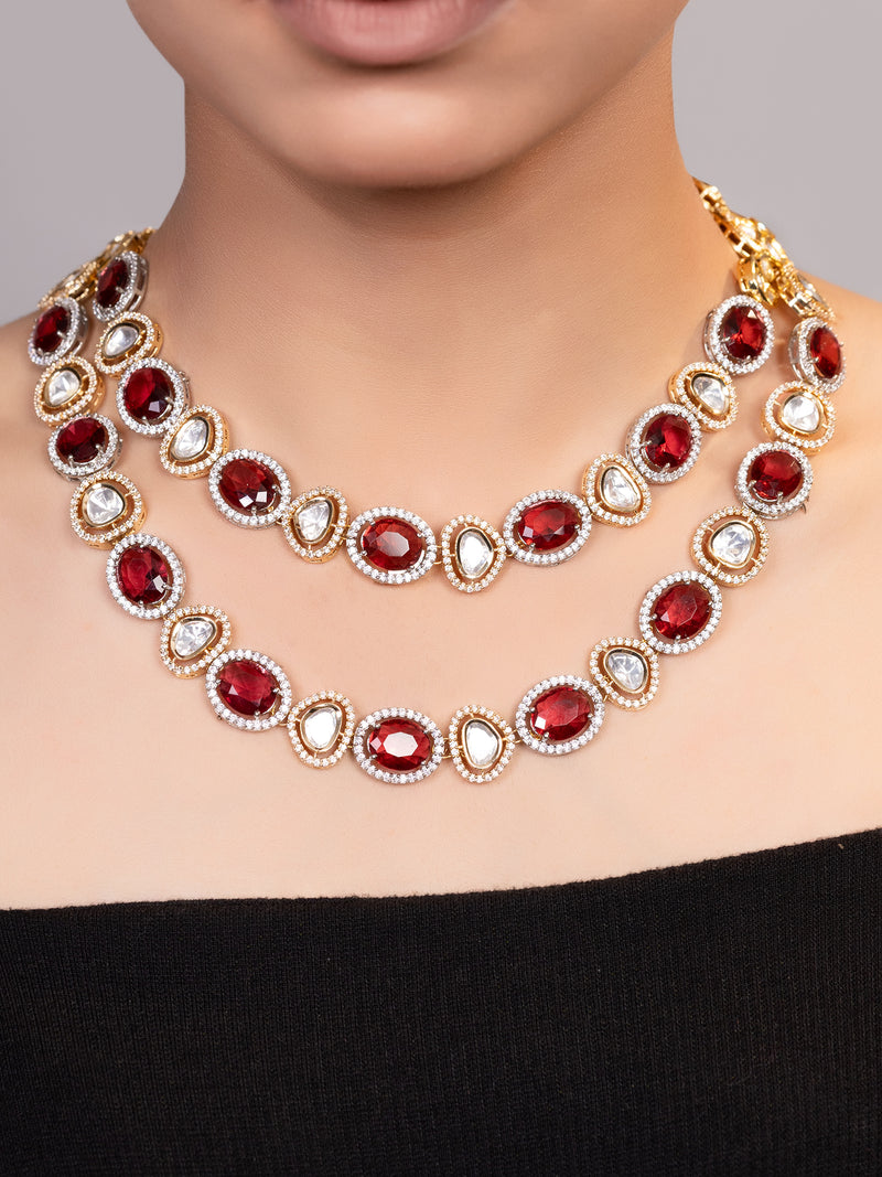 LE AIZAH RED BEADS AND KUNDAN STUDDED NECKLACE jewellery in 24K gold plating | XAGO Luxe