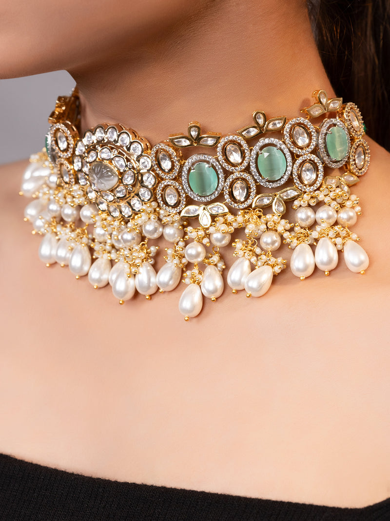 LE SENNA GOLD PLATED  SEA GREEN BEADS AND MOISSANITE STUDDED NECKLACE jewellery in 24K gold plating | XAGO Luxe