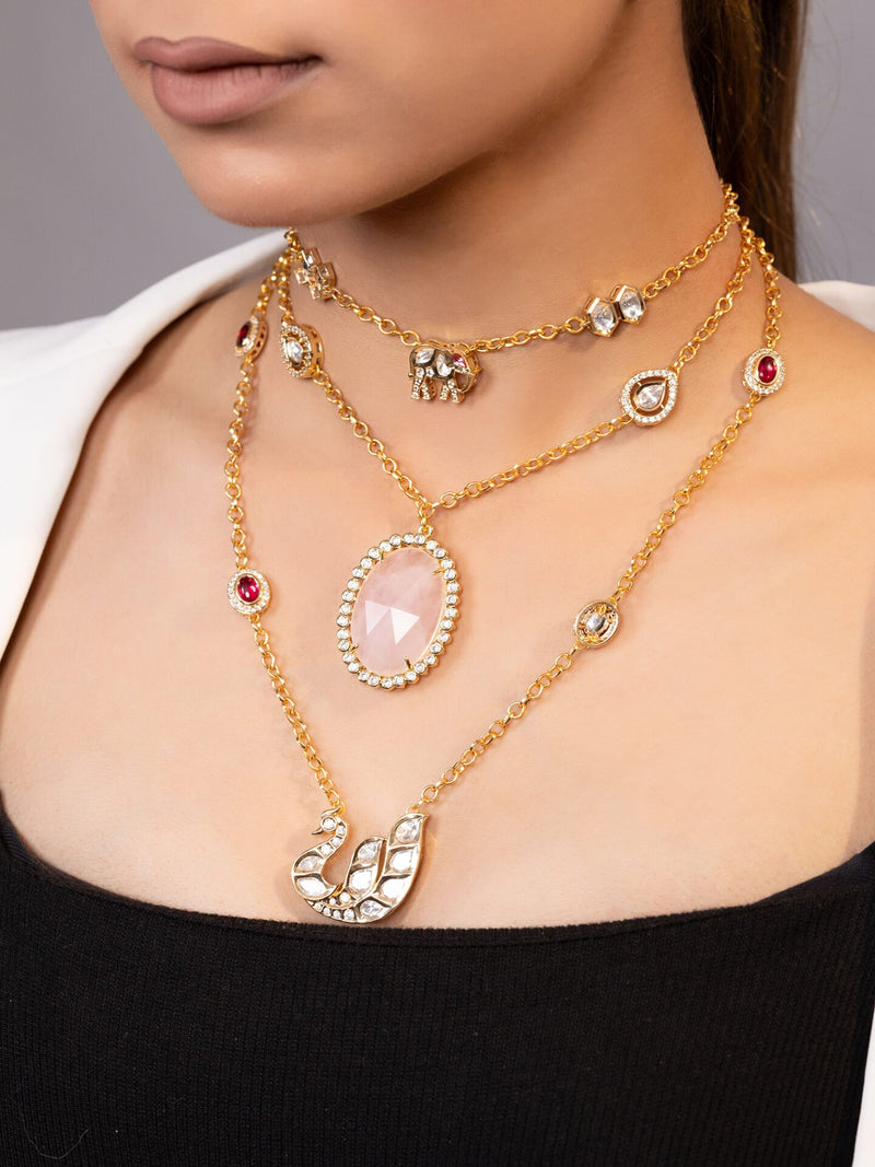 LE AVENA GOLD PLATED PINK BEADS AND KUNDAN STUDDED NECKLACE jewellery in 24K gold plating | XAGO Luxe