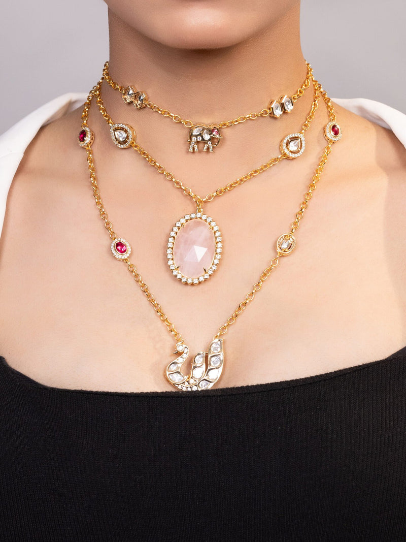 LE AVENA GOLD PLATED PINK BEADS AND KUNDAN STUDDED NECKLACE jewellery in 24K gold plating | XAGO Luxe