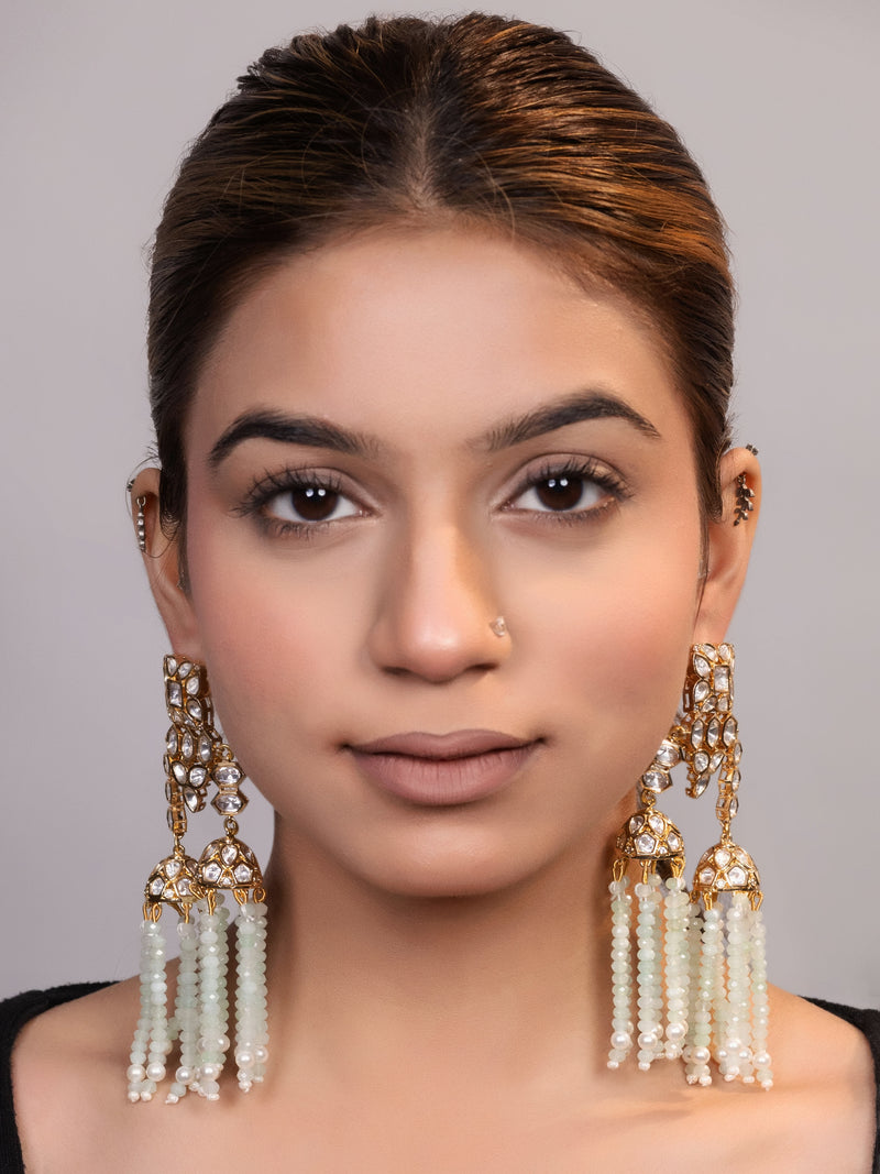 LE YUVAN MINT GREEN BEADS, MOISSANITE STUDDED EARRINGS jewellery in 24K gold plating | XAGO Luxe