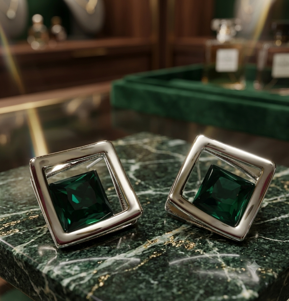 Geometric Silver Square Stud Earrings Emerald Green Crystal XAGO Luxe