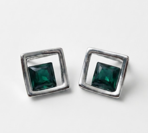 Geometric Silver Square Stud Earrings Emerald Green Crystal XAGO Luxe