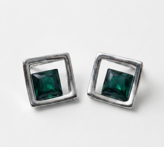 Geometric Silver Square Stud Earrings Emerald Green Crystal XAGO Luxe
