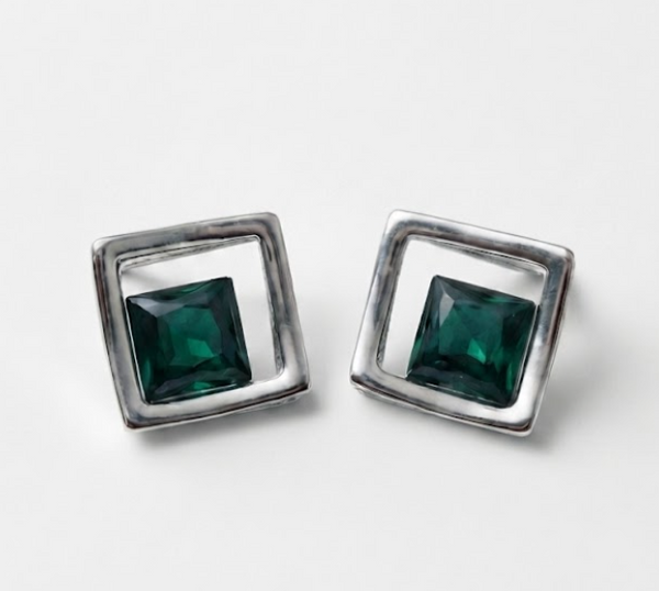 Geometric Silver Square Stud Earrings Emerald Green Crystal XAGO Luxe