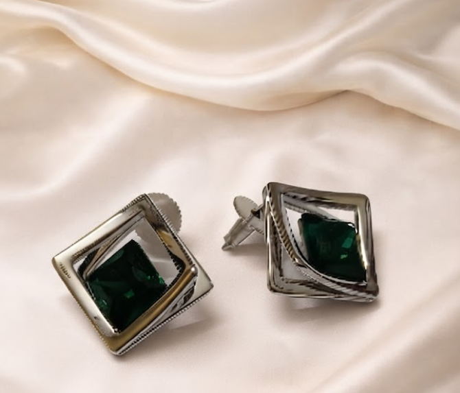 Geometric Silver Square Stud Earrings Emerald Green Crystal XAGO Luxe