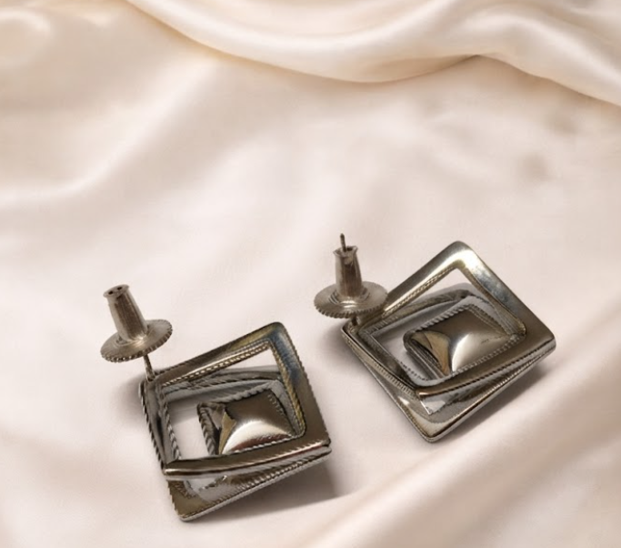 Geometric Silver Square Stud Earrings Emerald Green Crystal XAGO Luxe