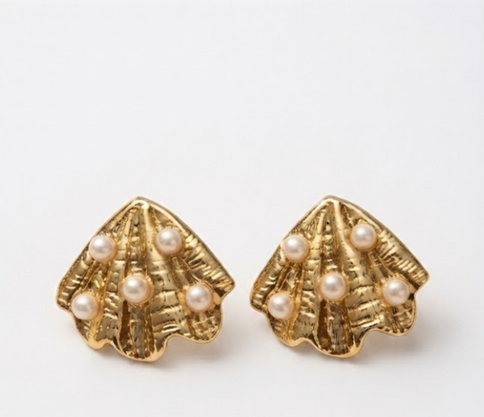 Gold Plated Seashell Stud Earrings with Pearl Accents