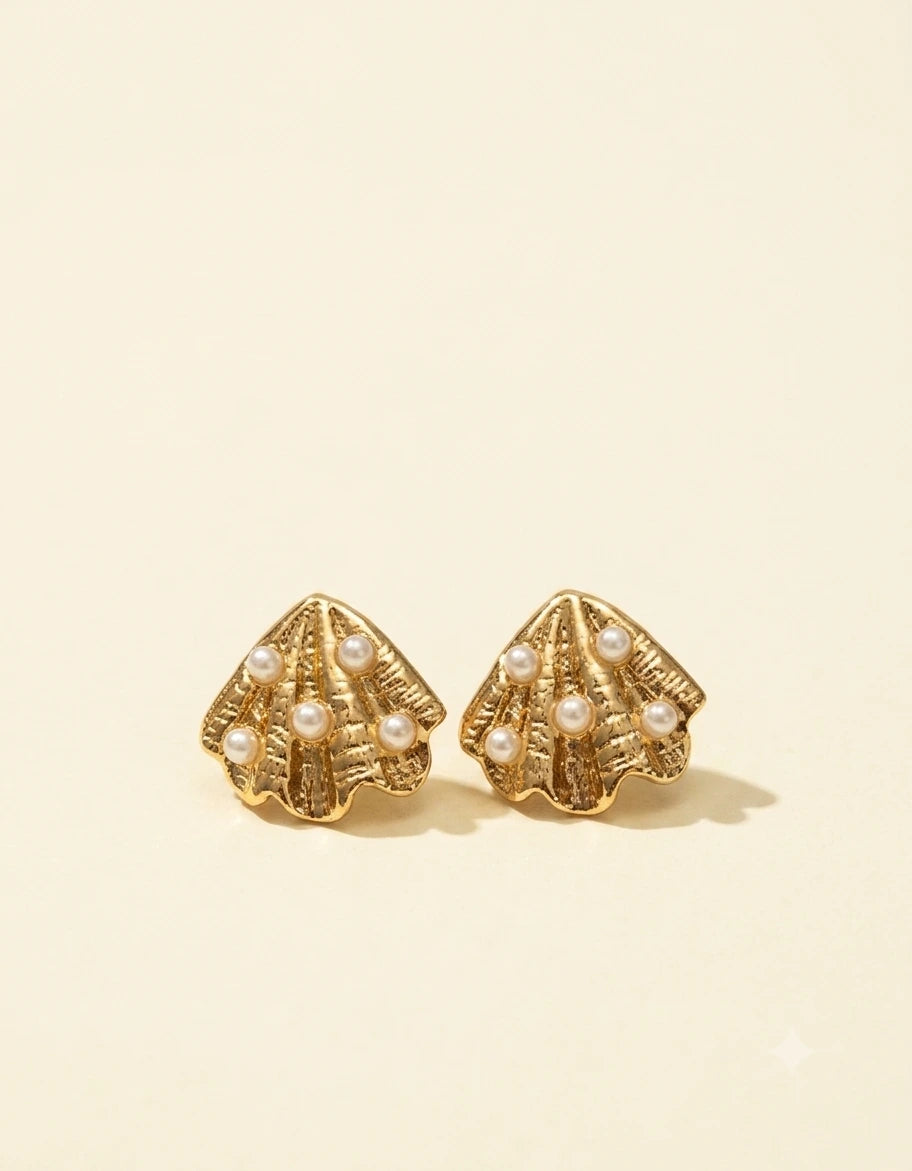 Gold Plated Seashell Stud Earrings with Pearl Accents