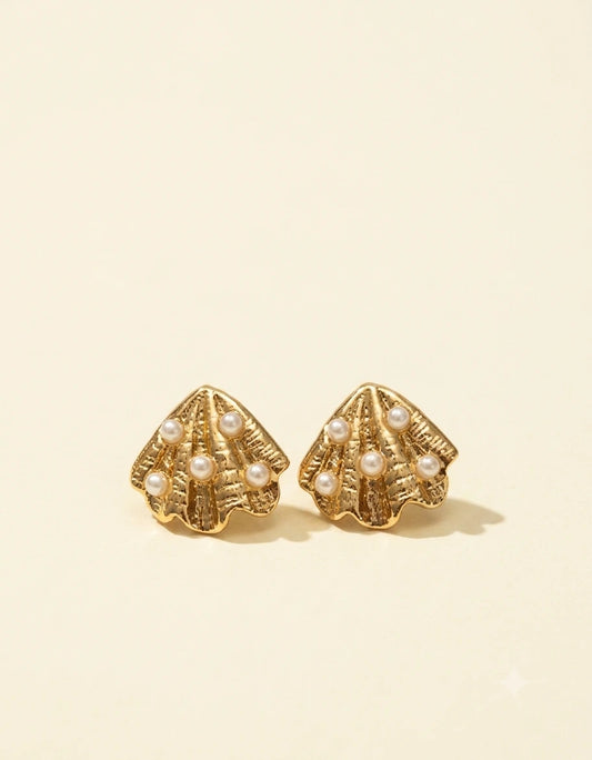 Gold Plated Seashell Stud Earrings with Pearl Accents