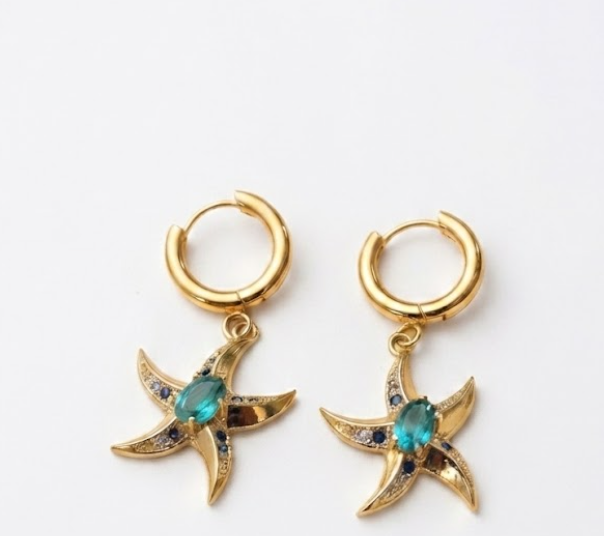 Gold Starfish Charm Hoop Earrings with Aqua Crystal | XAGO Luxe
