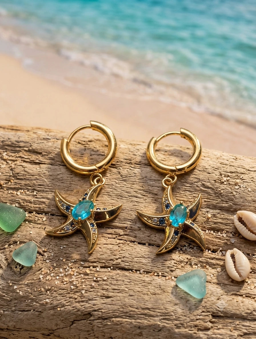 Gold Starfish Charm Hoop Earrings with Aqua Crystal | XAGO Luxe