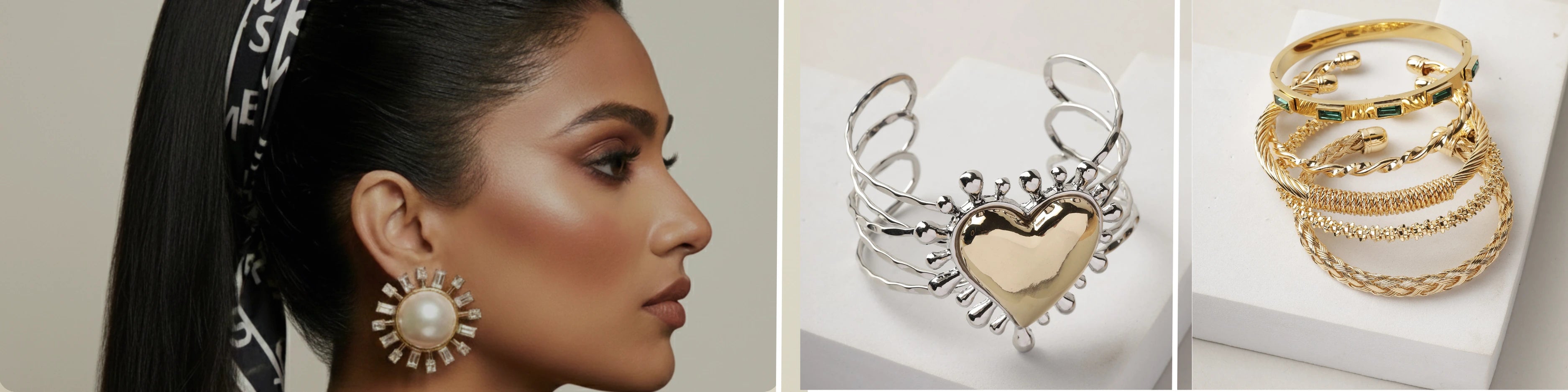 XAGO statement jewellery collection — gold bubble bracelet, gold heart sunburst earrings worn by model, and multicolour gemstone drop earrings in red green and pink