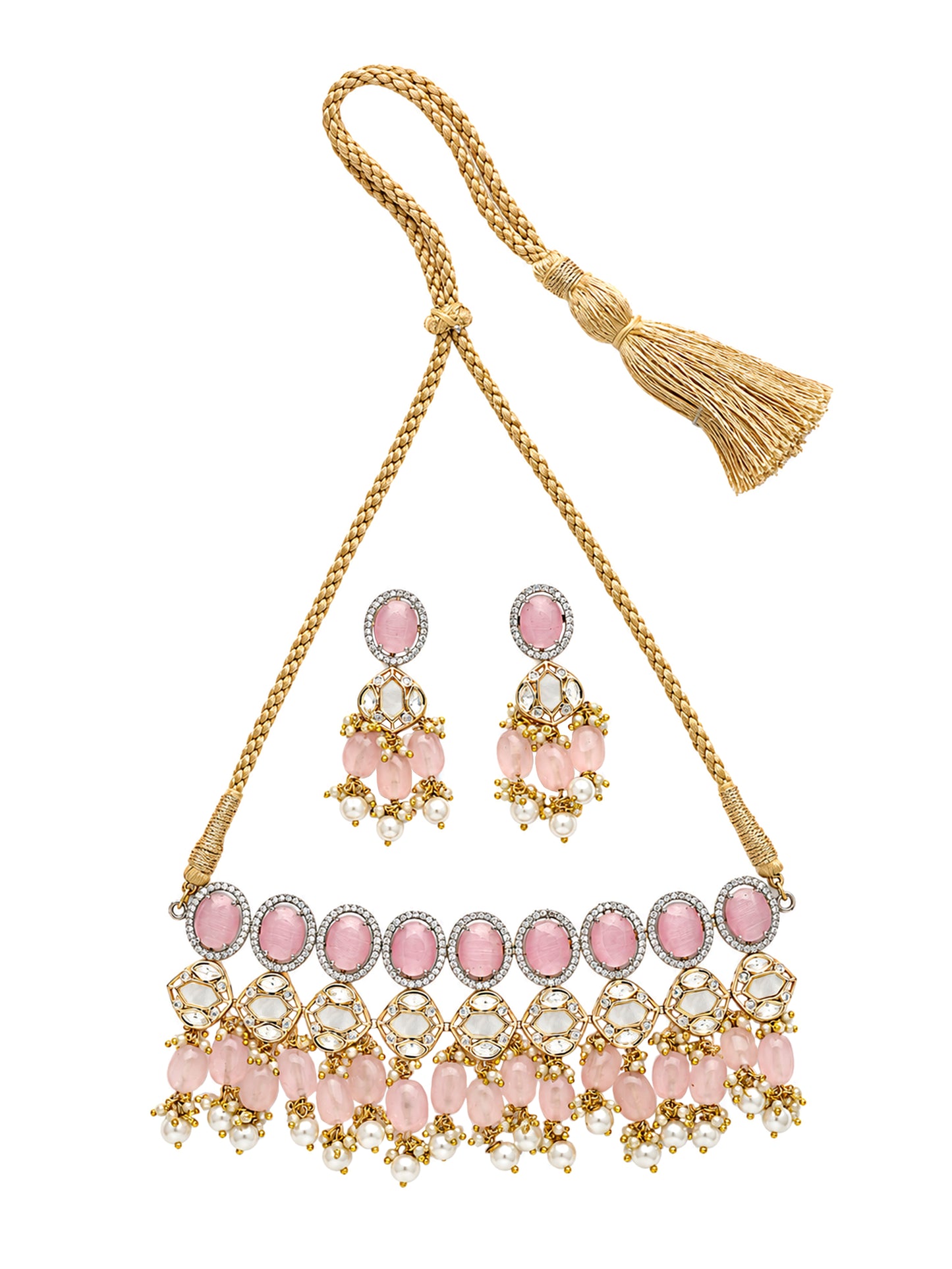 Contemporary Pink Stone and Polki Choker Necklace Set with Earrings