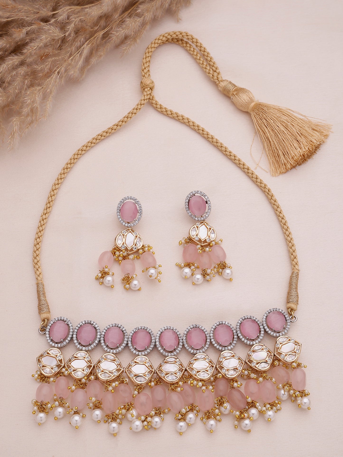 Contemporary Pink Stone and Polki Choker Necklace Set with Earrings