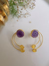 GOLD TONED PURPLE AND YELLOW CONTEMPORARY SHAPED DROP EARRINGS jewellery in 24K gold plating | XAGO Luxe