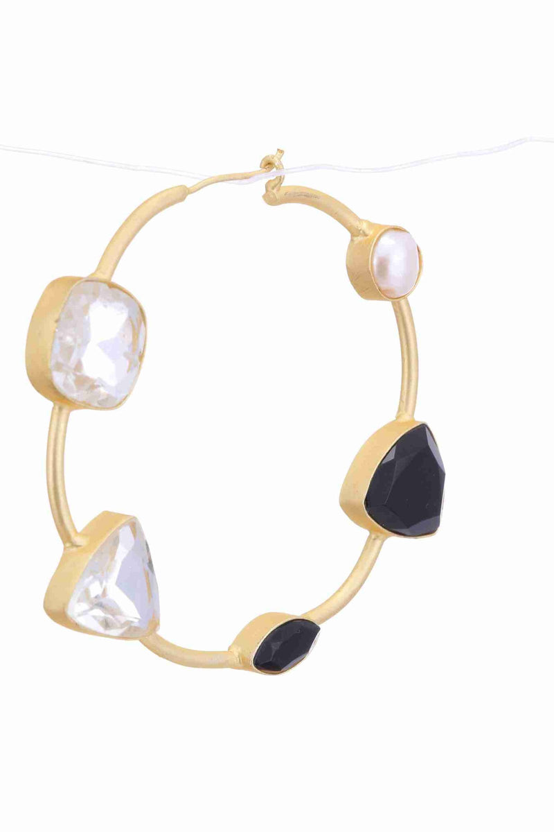 NATALIA BLACK ONYX, CRYSTAL AND PEARL HOOPS jewellery in 24K gold plating | XAGO Luxe