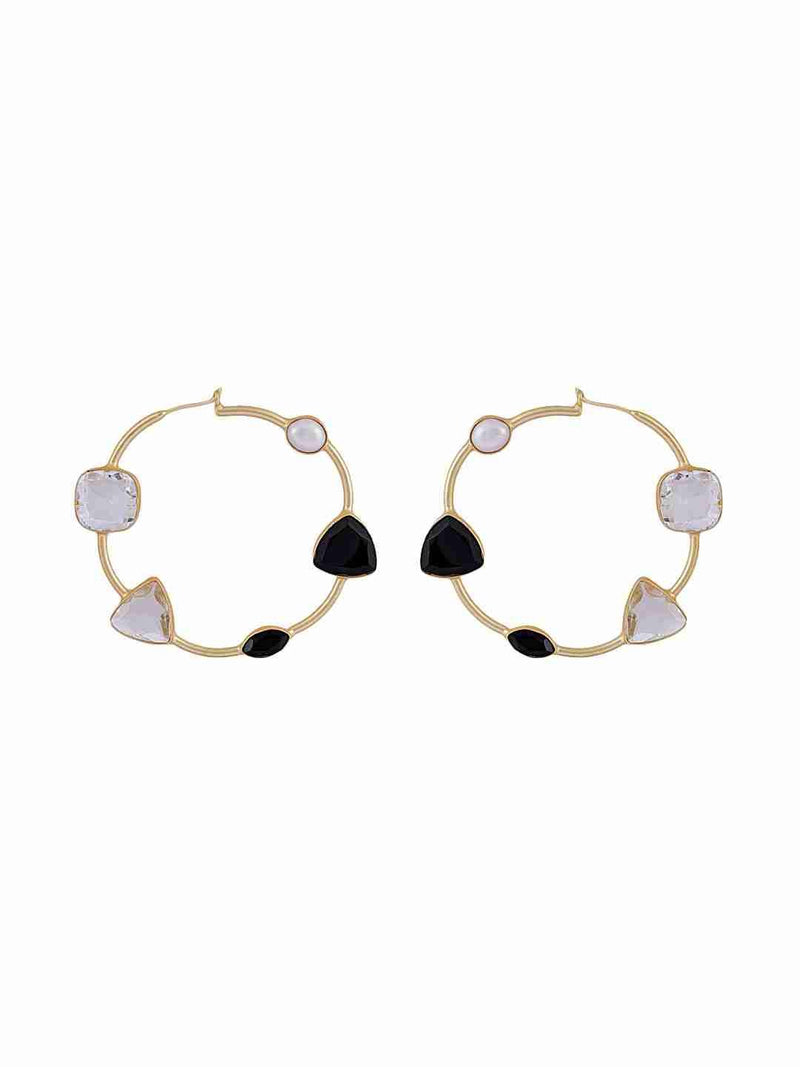 NATALIA BLACK ONYX, CRYSTAL AND PEARL HOOPS jewellery in 24K gold plating | XAGO Luxe