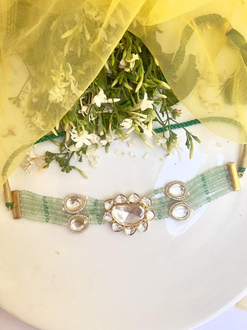 LE TOMAS SEA GREEN BEADS & WHITE MOISSANITE NECKLACE jewellery in 24K gold plating | XAGO Luxe