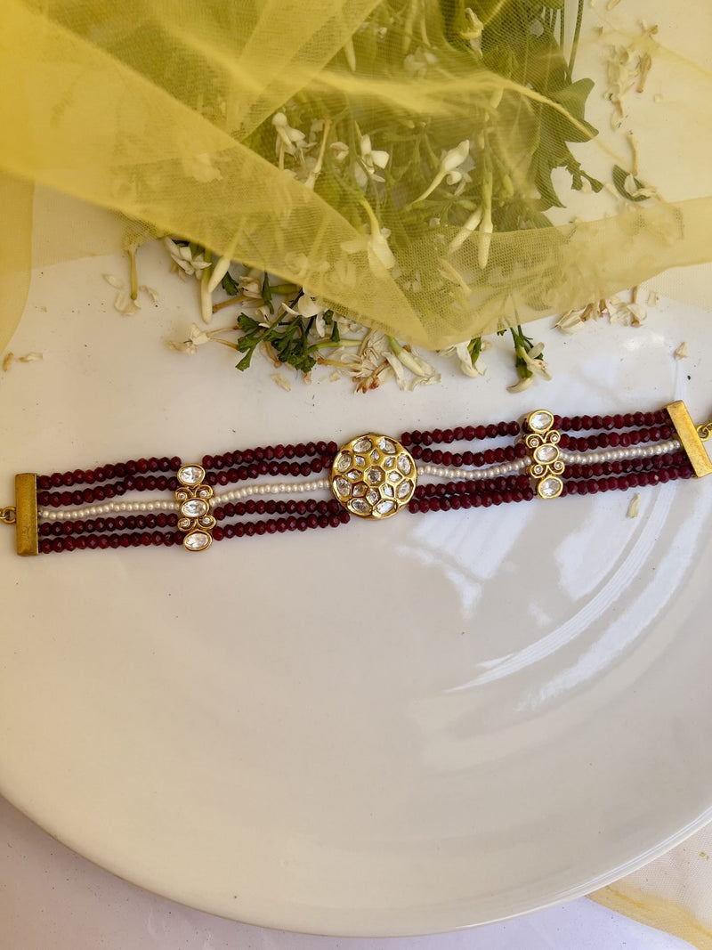 LE ELENA MAROON BEADS & WHITE KHUNDAN NECKLACE SET jewellery in 24K gold plating | XAGO Luxe