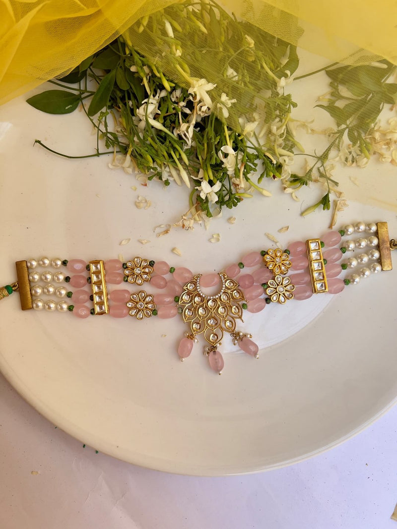 LE ANTONIO PINK BEADS & WHITE KHUNDAN NECKLACE SET jewellery in 24K gold plating | XAGO Luxe