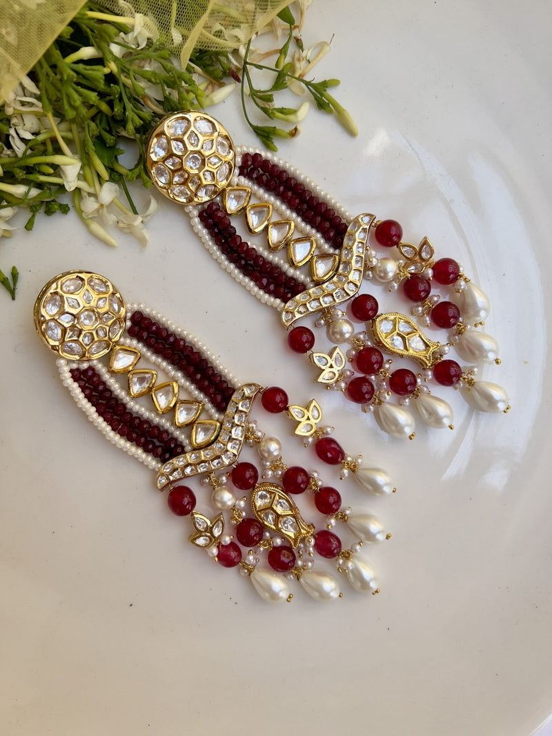 LE CARLOS MAROON PEARL & KUNDAN EARRINGS jewellery in 24K gold plating | XAGO Luxe