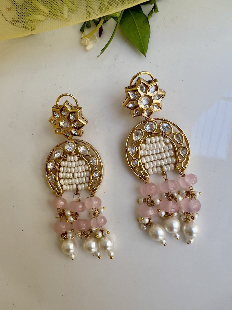 LE SANTIAGO PINK BEADS & KUNDAN DROP EARRINGS jewellery in 24K gold plating | XAGO Luxe