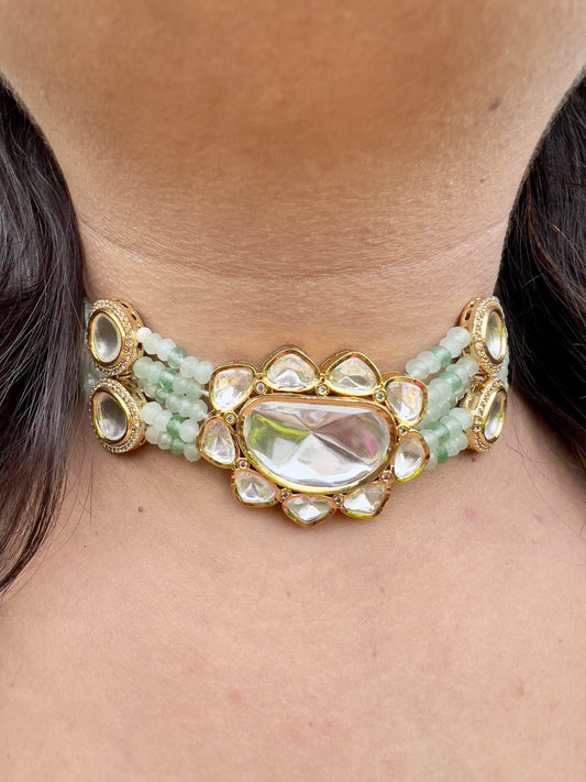 LE TOMAS SEA GREEN BEADS & WHITE MOISSANITE NECKLACE