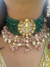 LE DARIO GREEN BEADS & WHITE KHUNDAN NECKLACE SET jewellery in 24K gold plating | XAGO Luxe