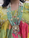 LE MANUEL SEA GREEN BEADS & WHITE KHUNDAN LONG NECKLACE SET jewellery in 24K gold plating | XAGO Luxe