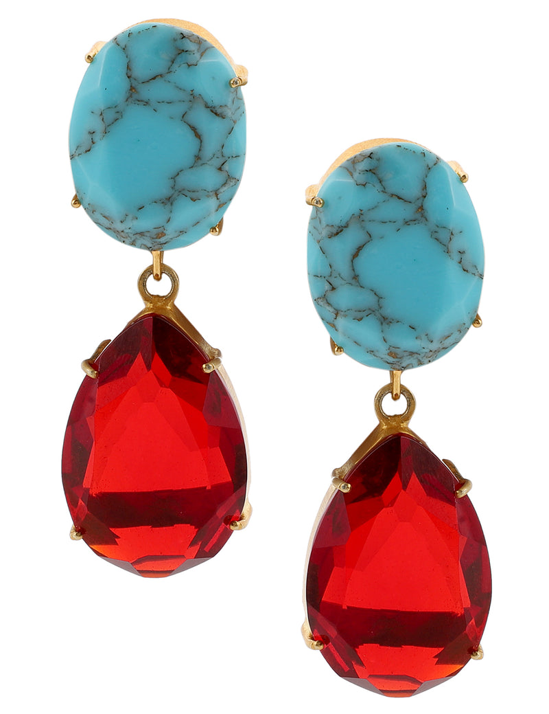 LE VALERIA TURQUOISE AND GARNET 2 IN 1 CONVERTIBLE DROP EARRINGS jewellery in 24K gold plating | XAGO Luxe